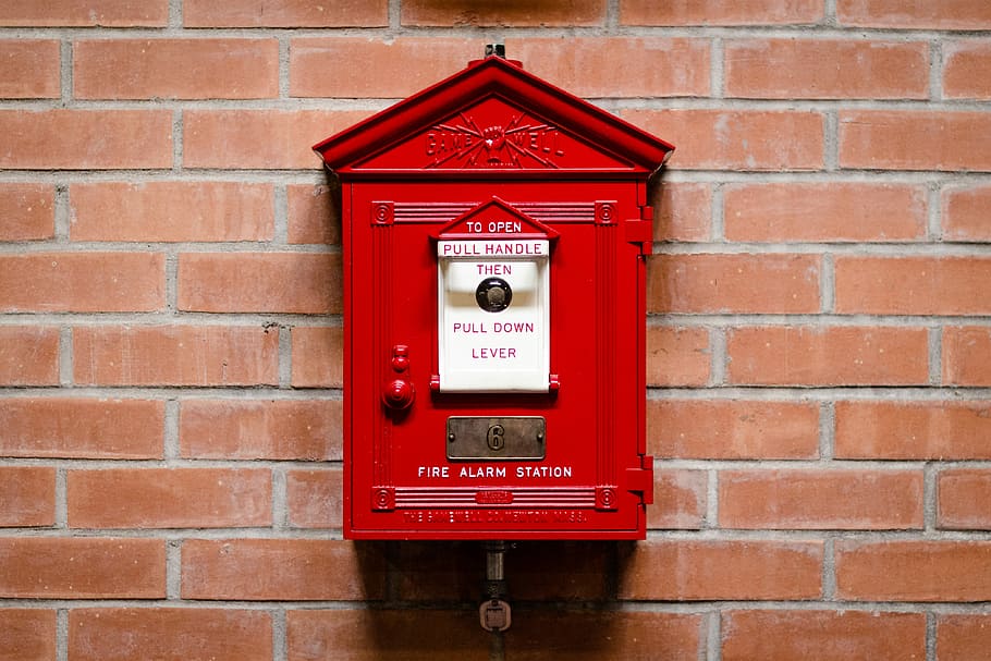 red fire alarm station attached on brick wall, red and white fire alarm, HD wallpaper