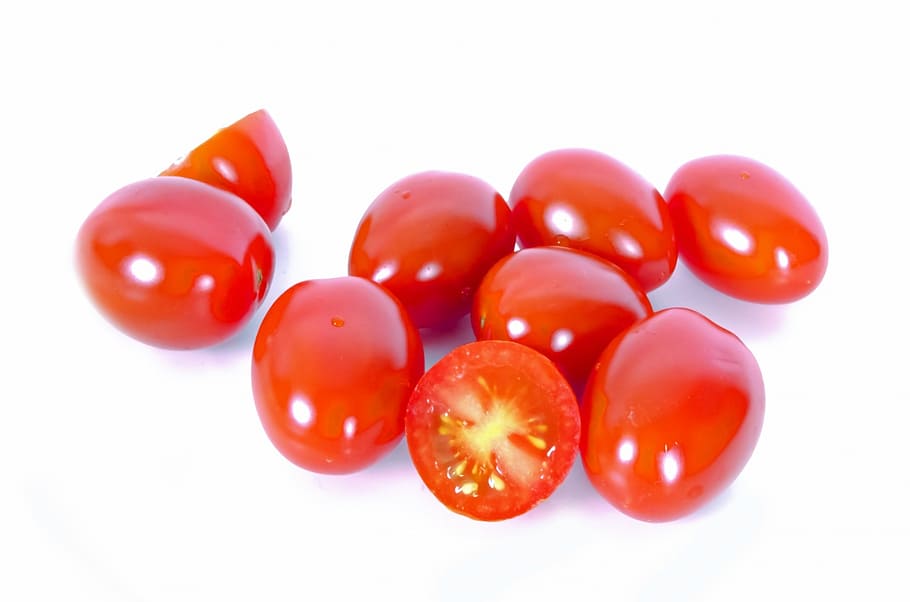 red tomatoes on white surface, food, vegetable, isolated, background, HD wallpaper