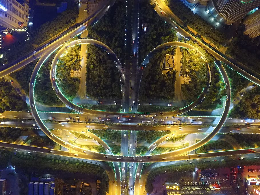 Xi'An, Xian, Dji, weiyang road interchange, aerial, night, architecture, HD wallpaper