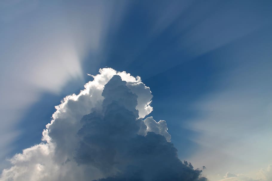 white clouds under blue sky, space, rays of sunshine, ray of light HD wallpaper