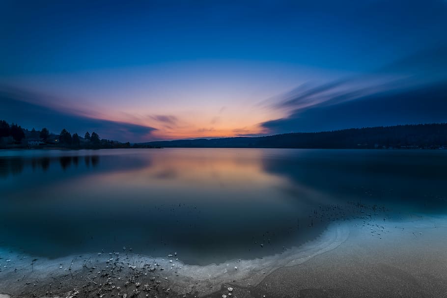 Lac, photo of calm lake, sky, long exposure, water, tree, silhouette, HD wallpaper