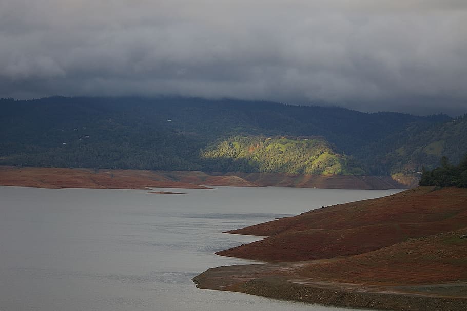 lake oroville, water, drought, winter, landscape, scenic, sky HD wallpaper