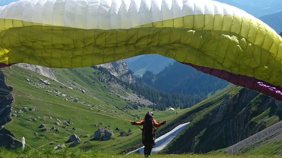 skydiver, start, mountains, view, switzerland, leisure activity HD wallpaper