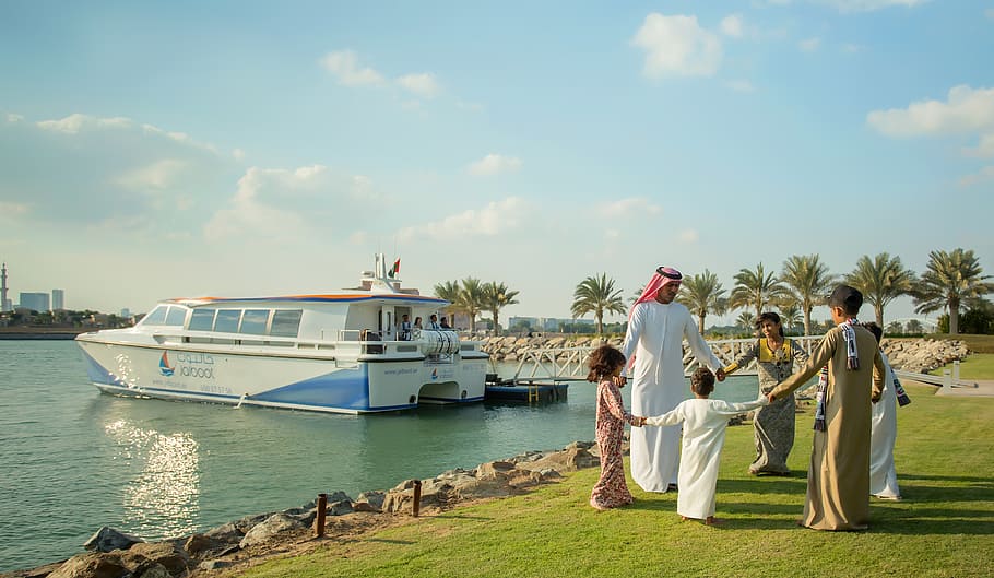 white and blue yacht on body of water, arab, muslim, islam HD wallpaper