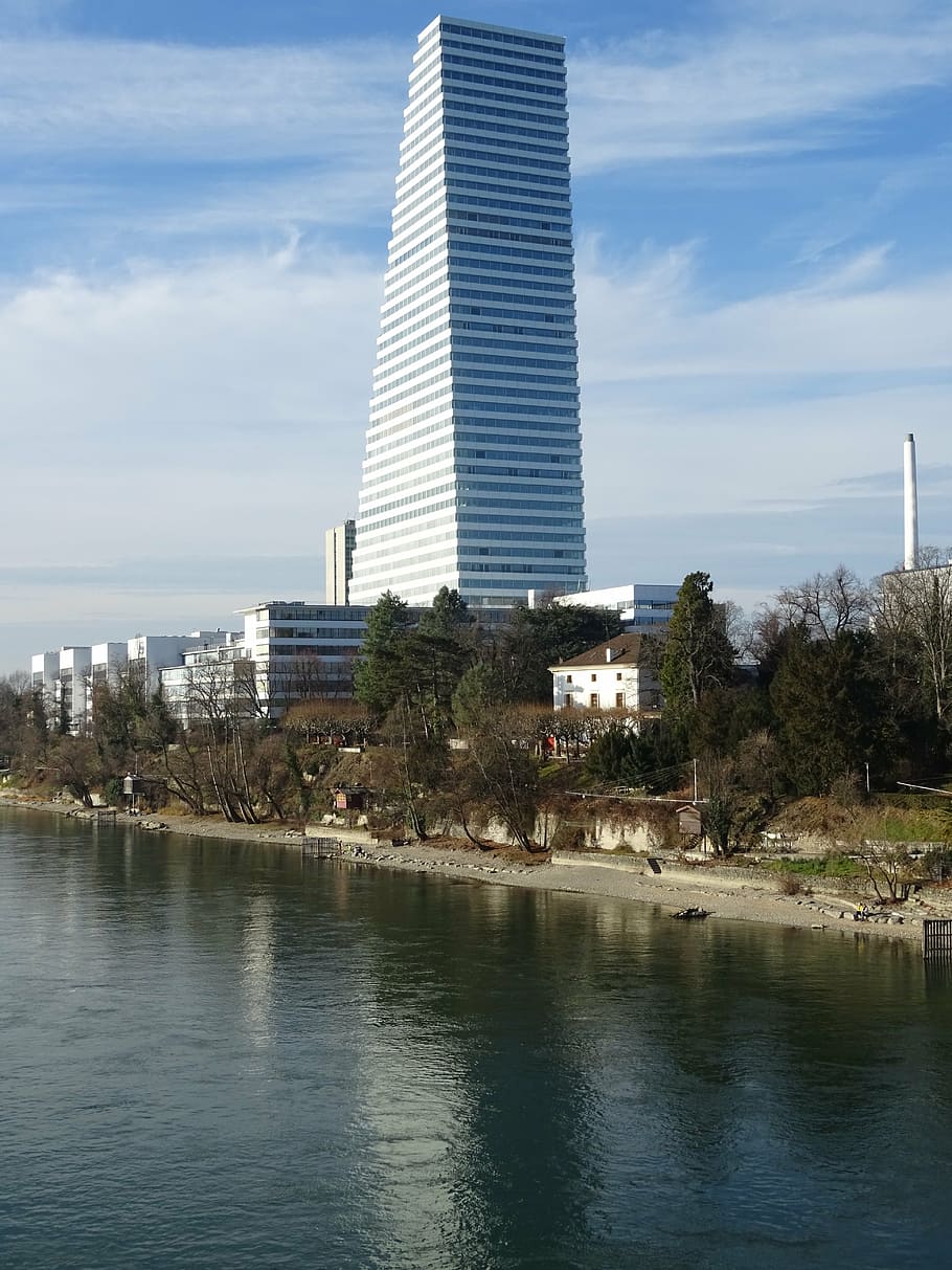 skyscraper, roche tower, rhine, basel, clouds, cityscape, promenade HD wallpaper