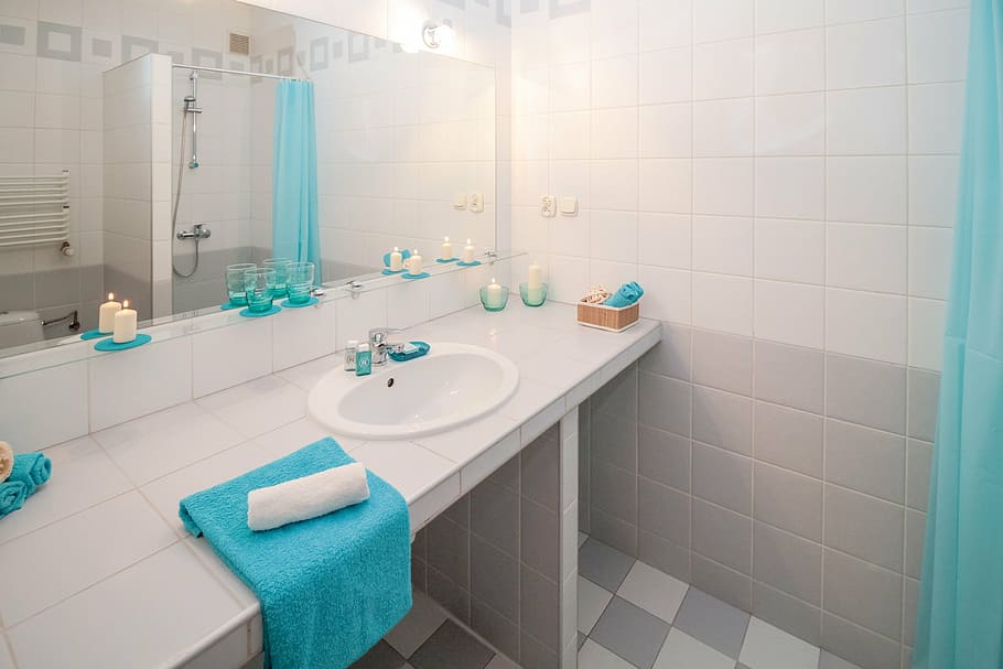 blue towel on white ceramic sink, bathroom, mirror, apartment HD wallpaper