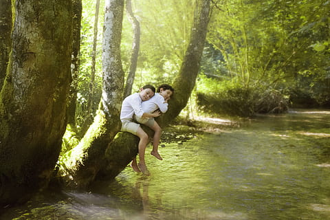two boys sitting on tree branch above stream during day, child HD wallpaper