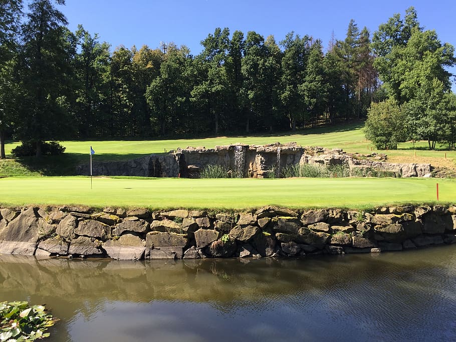 Golf, Green, Water, Stones, Sun, summer, reflection, tree, no people HD wallpaper