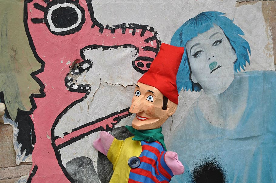puppet, blue, clown, pink, art, street, wall, representation HD wallpaper