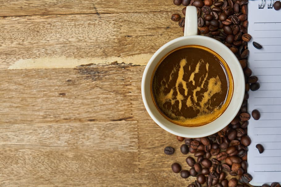 flat lay photo of teacup, coffee, caffeine, core, seed, beautiful HD wallpaper