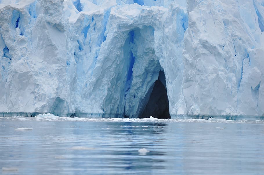 ice cave surrounded with water, Ice, Cave, Glacier, Sea, Water HD wallpaper