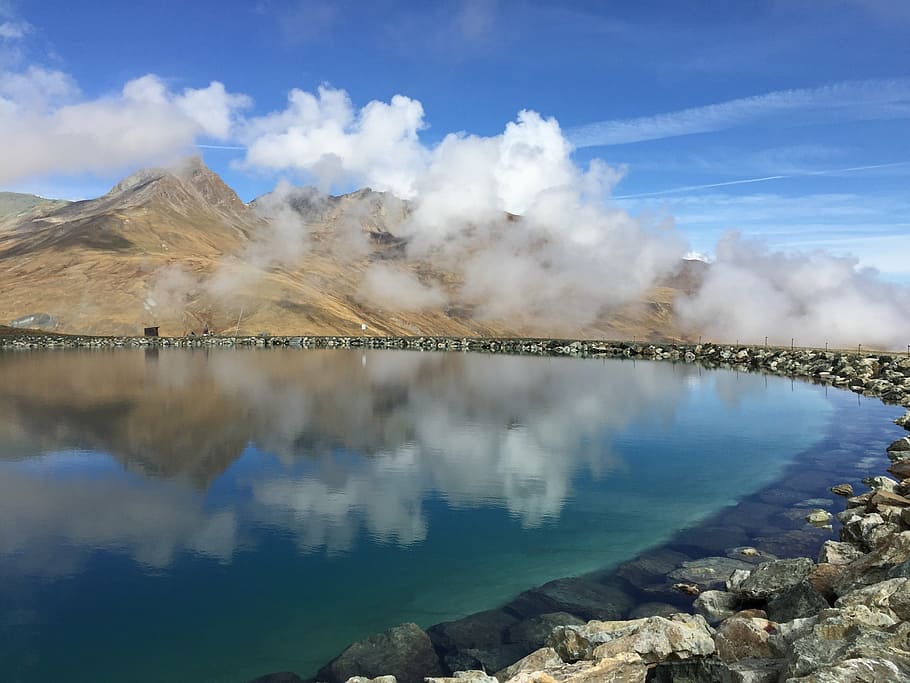 mirroring, lake, clouds, mountain, landscape, switzerland, reflection HD wallpaper