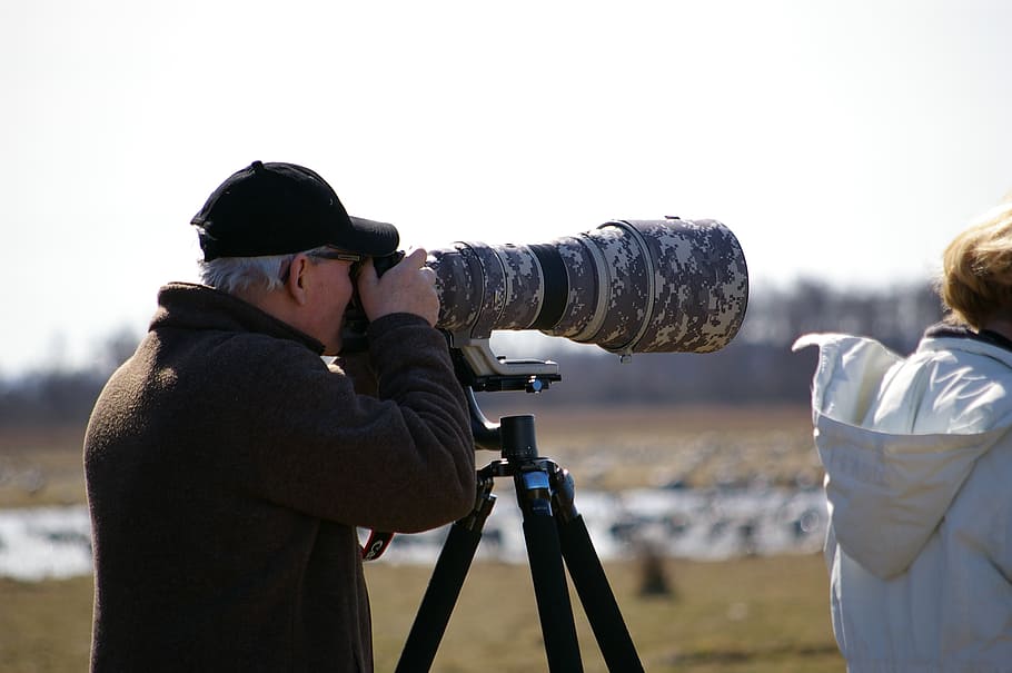bird watchers, camera, man, outdoor life, sky, standing, technology, HD wallpaper