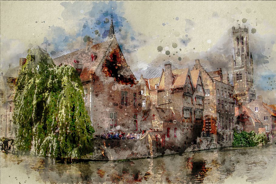 closeup photo of brown house near body of water painting, belfry