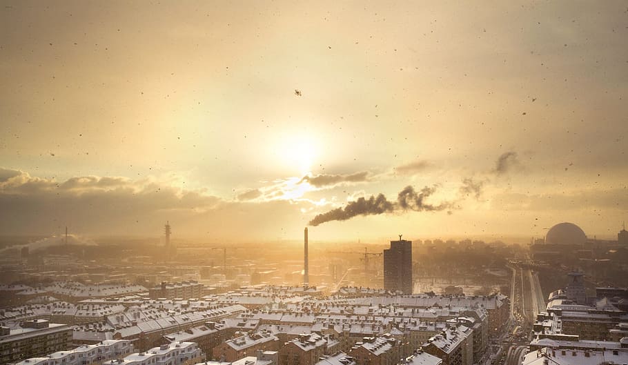 aerial photo of high rise buildings, sunset, sky, industrial HD wallpaper