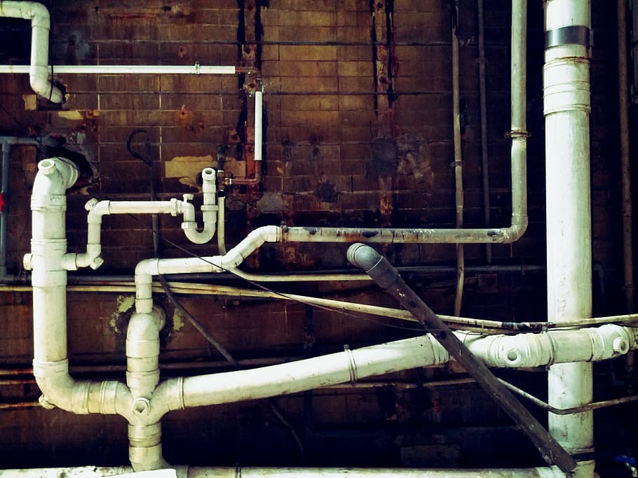 white pipes near brown wall, water pipe, brick, geometry, pipe - tube HD wallpaper