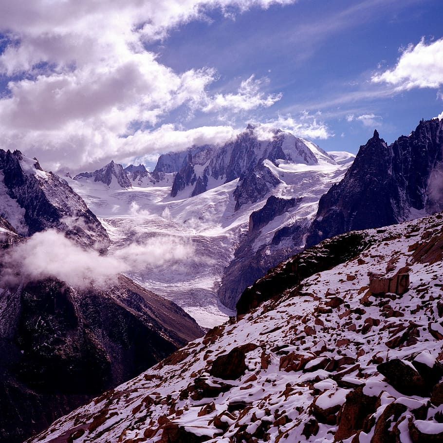 mountains, scenic, panorama, clouds, sky, cold, snow, landscape HD wallpaper