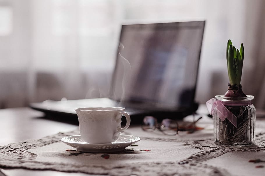 white ceramic mug on table, white ceramic teacup on white saucer HD wallpaper