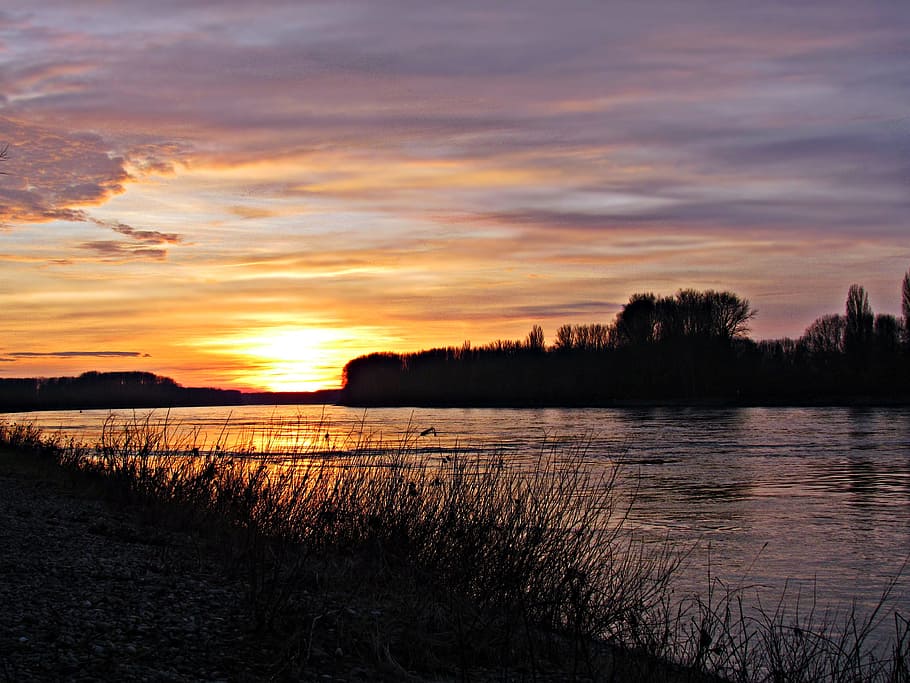 the sun, west, river, clouds, sky, landscape, water, sunset HD wallpaper