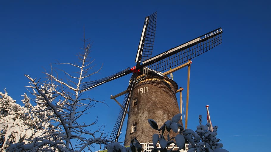 historic mill, winter, snowy, branches, zing, netherlands, ze HD wallpaper