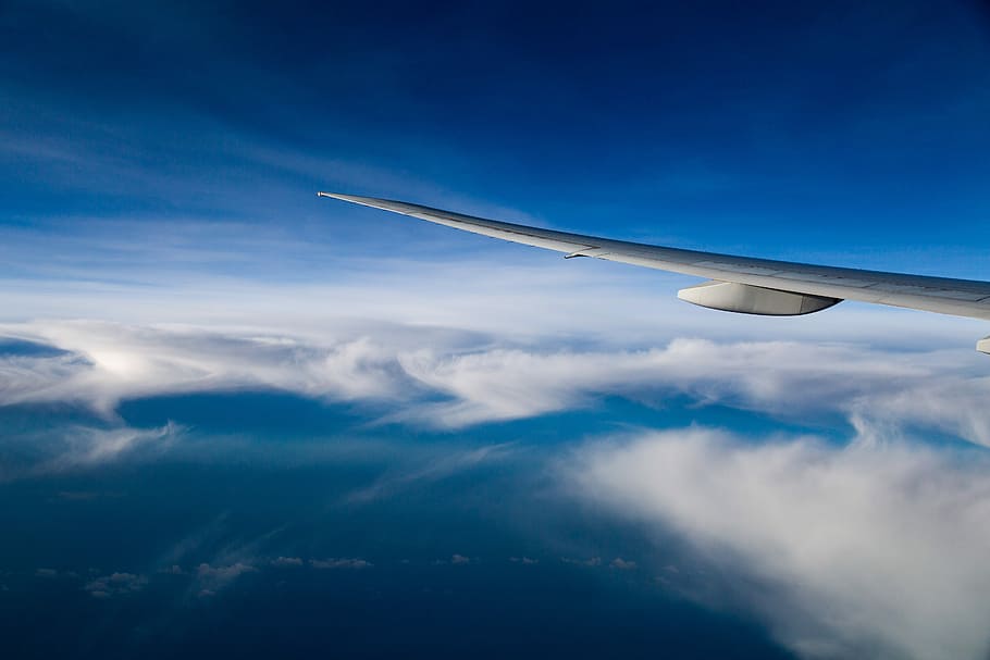 plane over white and blue clouds, white clouds on sky, wing, aerial, HD wallpaper