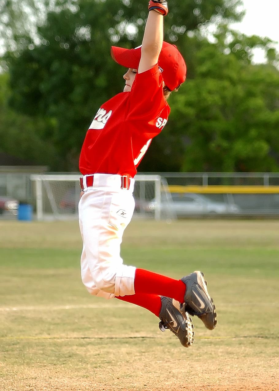 baseball, leaping, player, jump, little league, sport, male HD wallpaper
