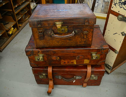 three stacked brown suitcases, trunks, boxes, luggage, travel HD wallpaper