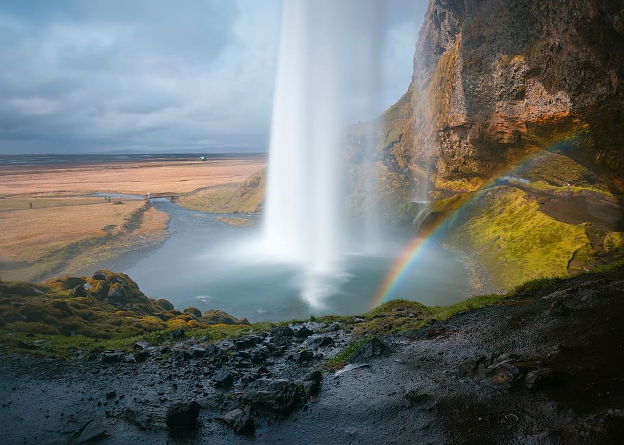 waterfalls during daytime, rainbow, rocks, nature, outdoor HD wallpaper