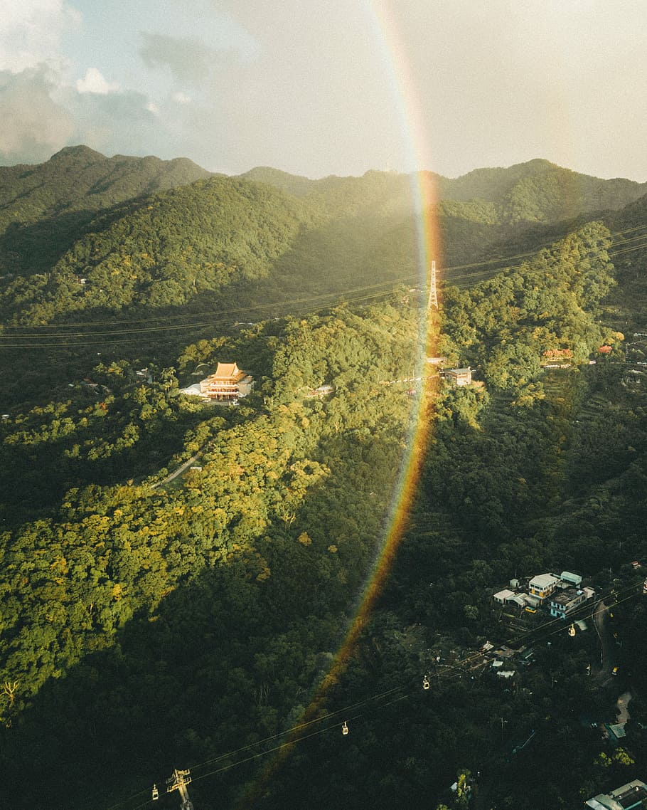 Rainbows of Taiwan, aerial view of forest, tree, woodland, cable HD wallpaper