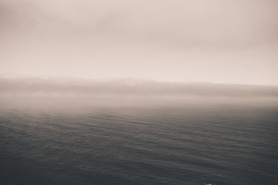 ocean, sea, calm, horizon, blue, foggy, misty, cloudy, nebulous, HD wallpaper