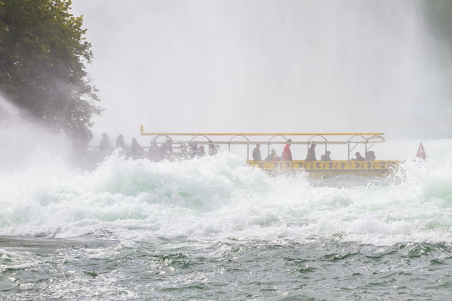 rhine falls, waterfall, boot, river, water mass, foaming, roaring HD wallpaper