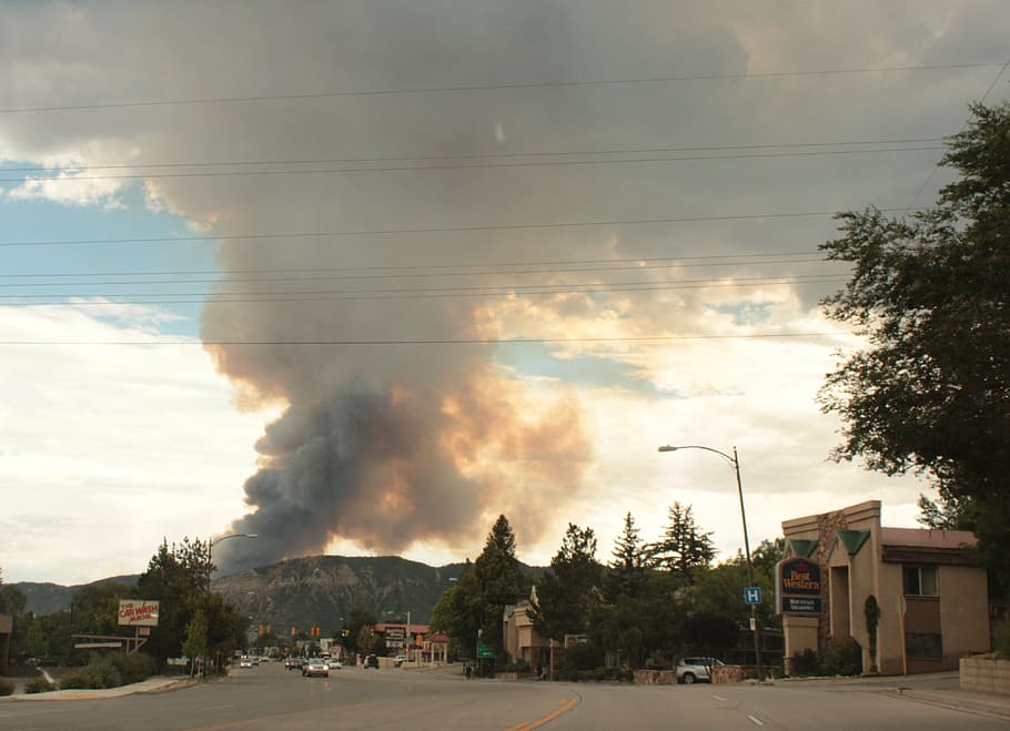 fire, wildfire, durango, usa, building exterior, sky, tree HD wallpaper