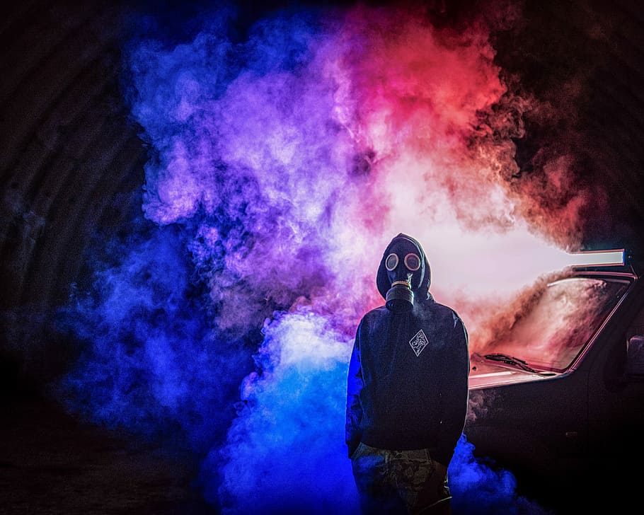 Living in a fear, person wearing gas mask near car, night, dark HD wallpaper