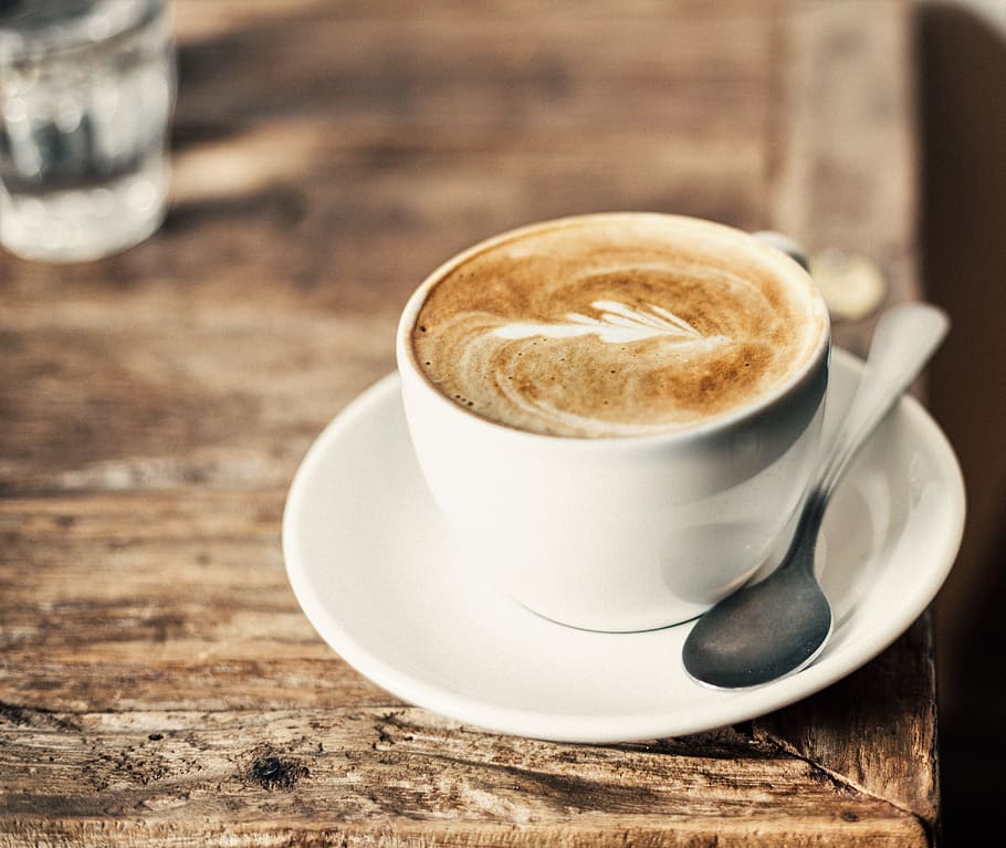 white ceramic teacup with saucer and gray stainless steel spoon HD wallpaper