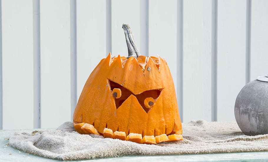 orange Jack-o-lantern, pumpkin, underbite, halloween, autumn HD wallpaper
