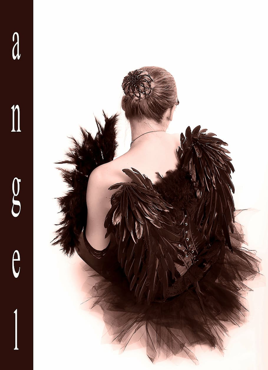 angel illustration, black engel, wing, woman, female, spring costume, HD wallpaper