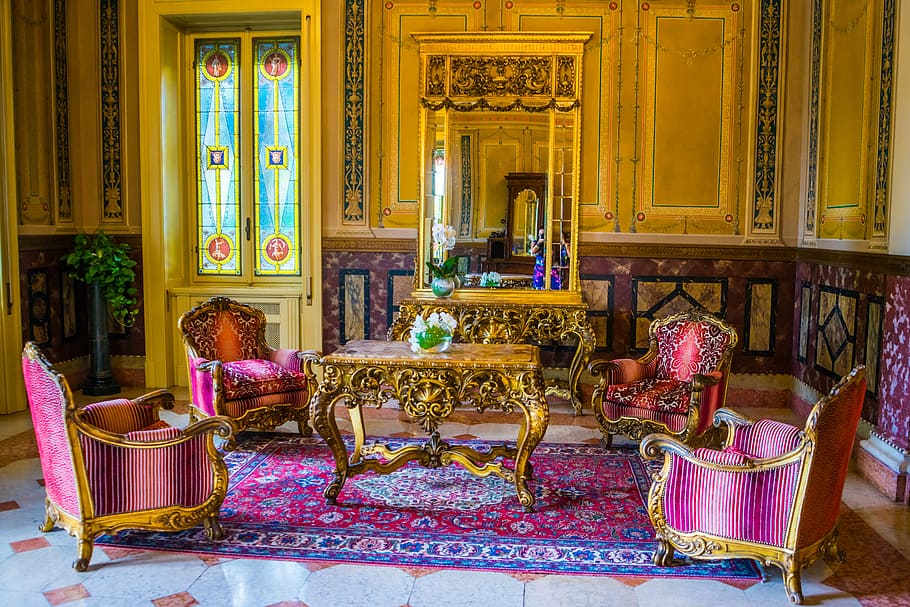 purple padded 4-piece sofa set, victorian, furniture, luxury