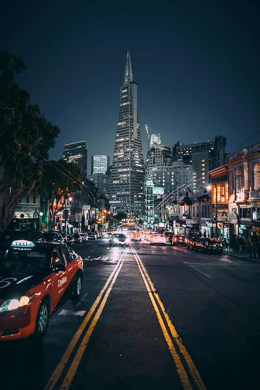 low-angle photography of road on city, lighted building photography HD wallpaper