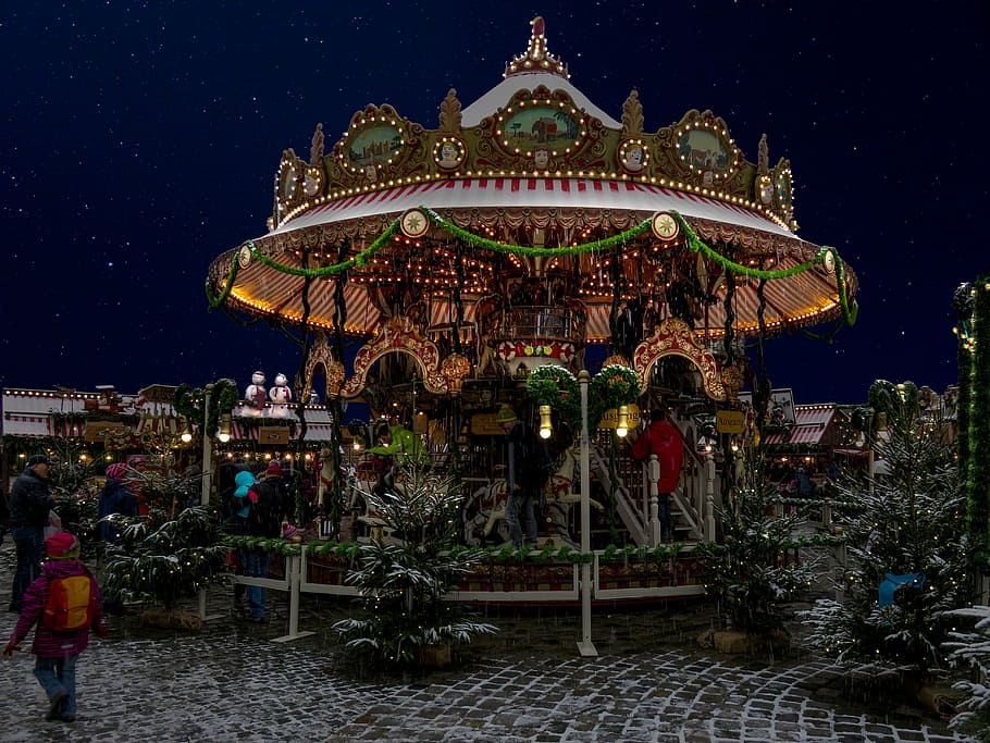 carousel with lights turned on, christmas, kids christmas, nuremberg, HD wallpaper