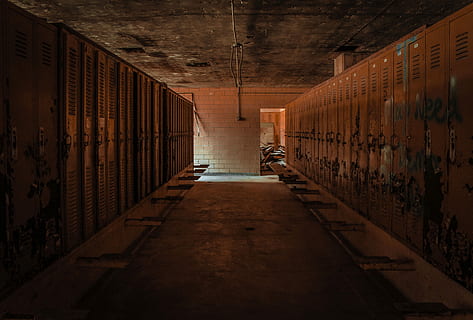 gray empty locker room, photo of filing cabinet, row, abandoned HD wallpaper
