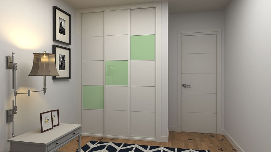 gray wooden nightstand in front of wall lamp, wardrobe, sliding HD wallpaper