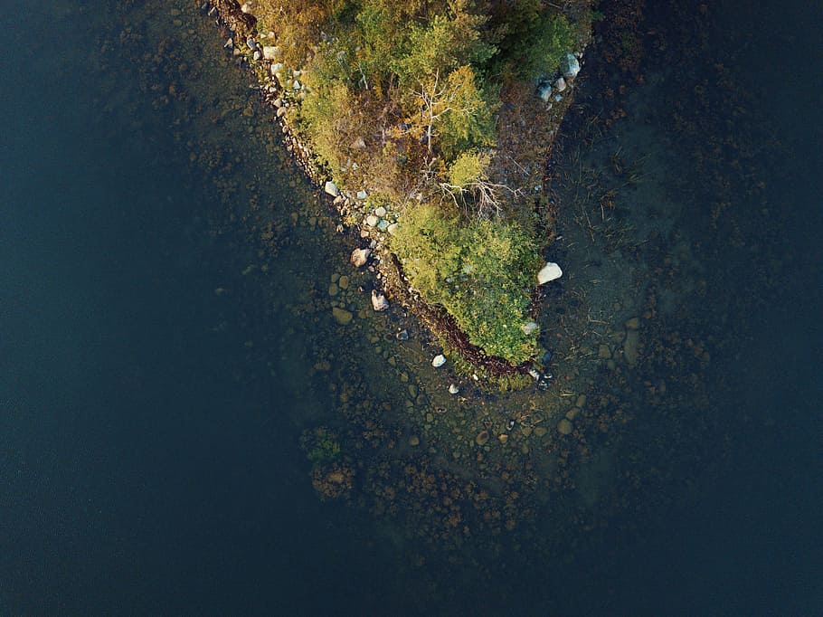 top view of island, aerial photography of island, rock, coast, HD wallpaper