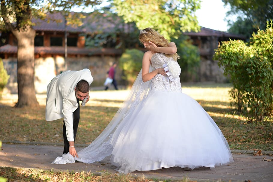 bride, wedding, groom, newlywed, wedding dress, women, celebration HD wallpaper