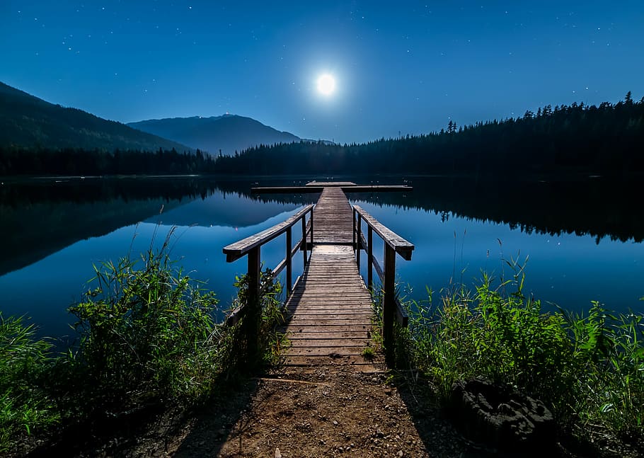 brown wooden dock on lake, astronomy, beautiful, blue, bright, HD wallpaper