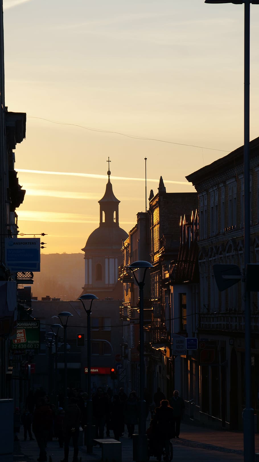street, architecture, downtown, sunset, city, church, rybnik HD wallpaper