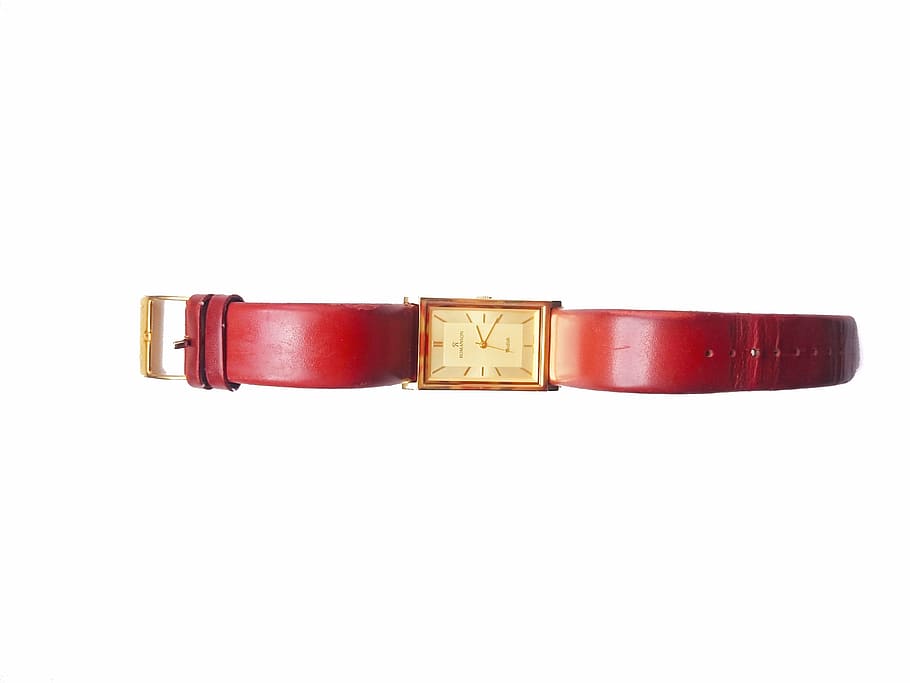 clock, wrist, leather belt, strap, gold dial, white background HD wallpaper