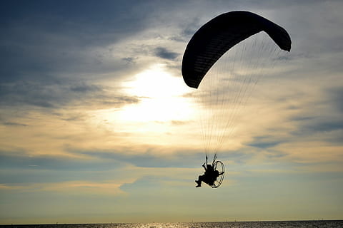 silhouette, sunset, sky, paramotor, nature, background, flight HD wallpaper