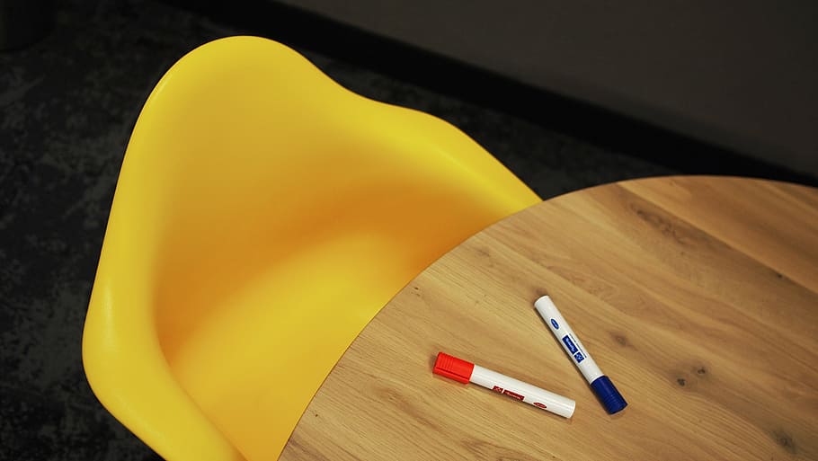 empty chair beside table, two, marker, pens, brown, wooden HD wallpaper