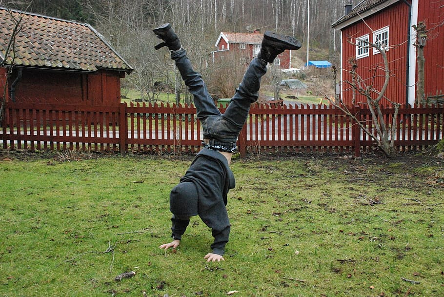 Play, Motion, Boy, Backyard, kid, standing on hands, human arm HD wallpaper