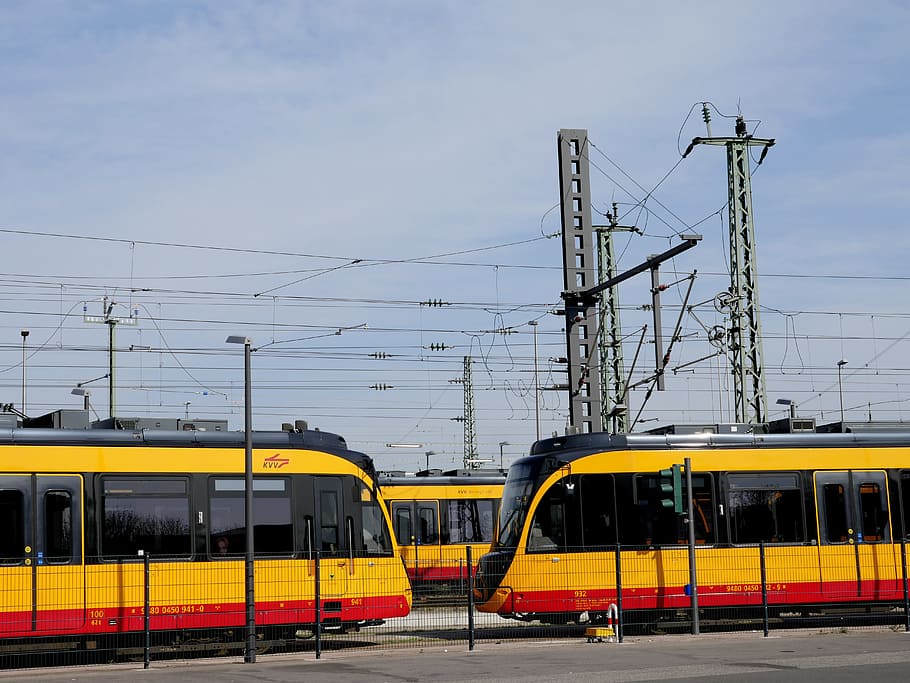 three yellow trains, tram, track, siding, transport, public means of transport, HD wallpaper